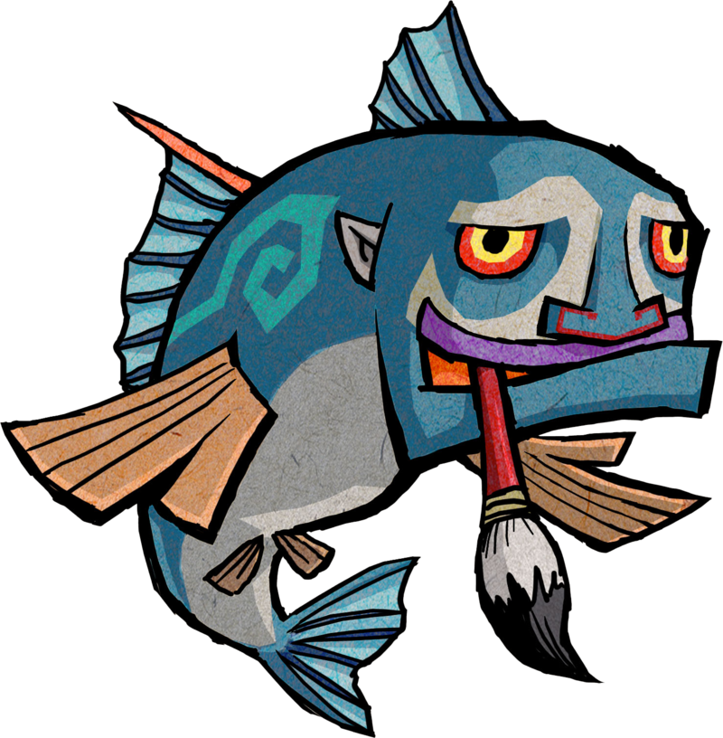 Art from The Legend of Zelda: Wind Waker of the map-making Fishman, brush in mouth.